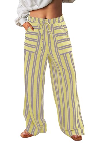 Yanekop Womens Striped Pants Casual Long Pants Wide Leg Lounge Pants with Pockets Loose Trousers High Waist Drawstring