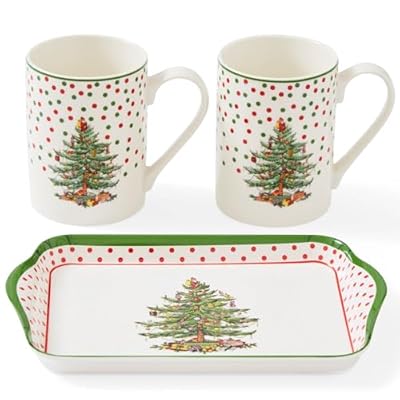 Spode Christmas Tree Polka Dot 10oz Mug & 8" Tray Set (3-Piece Set) - Festive Porcelain Mugs with Melamine Tray, Dishwasher & Microwave Safe - Ideal for Hot Chocolate or Coffee