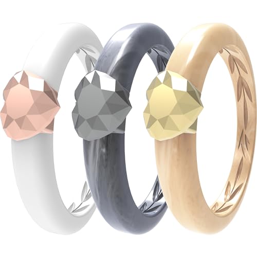 Zollen Silicone Rings for Women 3 Packs Silicone Wedding Bands with Metal Heart Shape - Rubber Ring Women Heart Collection,Size 11