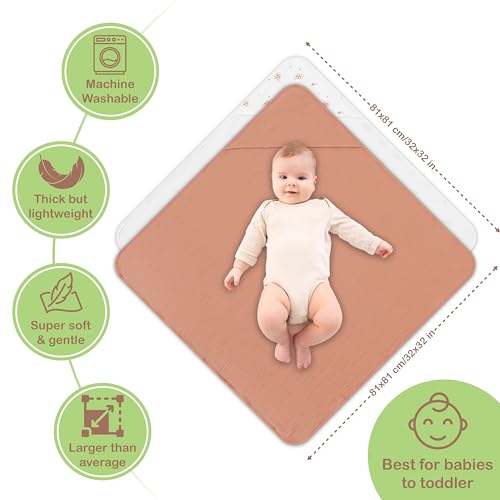 Image of 100% Organic Cotton Muslin Baby Hooded Towel, 32x32 in, Cinnamon & Wildflower, 2 Pack, Soft Absorbent 4-Layer Hooded Bath Towel for Newborns & Toddlers, Boys, Girls, Oeko-TEX
