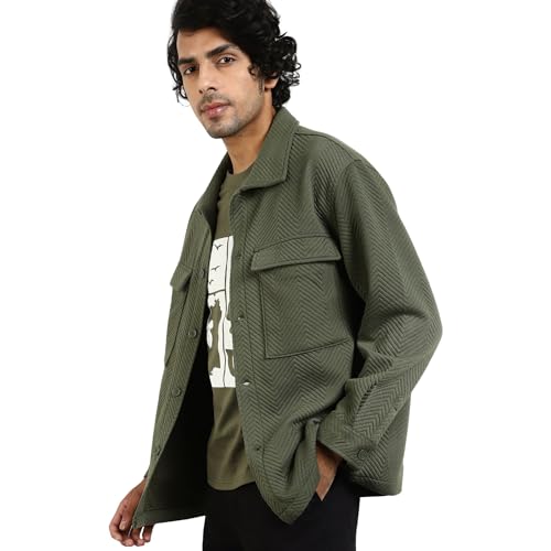 NOBERO Men's Standard Length Oversized Textured Shacket | Quilted | Cotton | Cuffed Sleeves | Winter Jackets | Shackets For Men