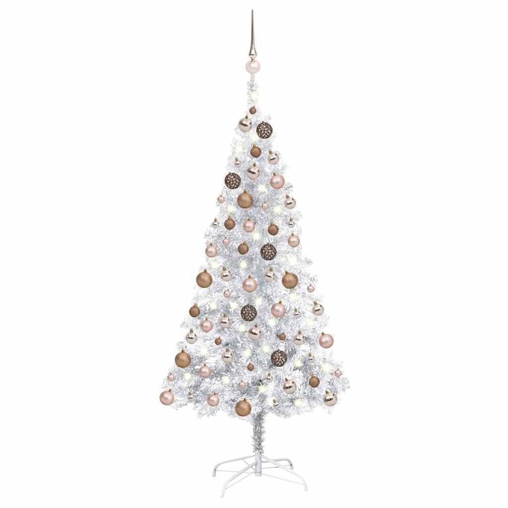 Sztuczna choinka, srebrna, 120 cm, z 150 diodami LED o barwie ciepłej bieli, 230 gałązek, stojak na choinkę, łącznie z bombkami w kolorze różowego złota, do świątecznej dekoracji