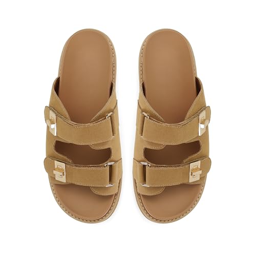 Image of SOVANYOU Suede Platform Sandals Slip on Platform Slides Open Toe Summer Beach Sandal Double Buckle Casual Vacation Shoes