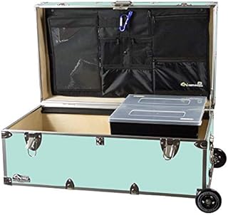C&N Footlockers Happy Camper Trunk with Wheels, LidMate Organizer, and Tray - Durable Storage Chest - 32 x 18 x 13.5 Inches (Mint)