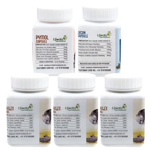 Image of Ujwala Ayurvedashram Pymol + Livcon Capsule and Manulex Churna(pack of 3) Complete KIT for Piles and support | Fissure, Fistula, Inflammation & Rectum