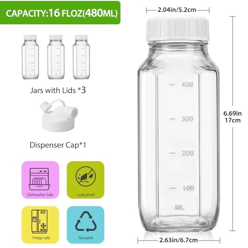 Image of Moretoes Glass Milk Container for Lunch Box, 3 Pack 16 Oz Glass Milk Bottles with Lids, Clear Juice Bottles with 1 Pour Spouts, Reusable Water Bottles with Airtight Caps & Scale for Juicing Containers