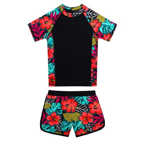 Image of BAOHULU Girls Rash Guard Swimsuit Two Piece Bathing Suit UPF 50+ Short Sleeve Summer Beach Swimwear Size 3-14 Years