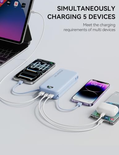 Image of Nusyddy Portable Charger 20000mAh PD20W w /Built-in Cables & Wall Plug Blue | PD20W Fast Charging, High Capacity, LED Display, Charge 5 Devices at once, TSA Approved, Compatible with iPhone /iPad /Samsung