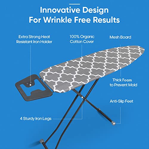 TIDY ZEBRA Compact Ironing Board Full Size European Made – ULTRA THICK PADDED FOAM AVOIDS MOLD - Organic 100% Cotton Ironing Boards Covers - Sturdy Lightweight Iron table, Bonus Iron Board Cover 14x53