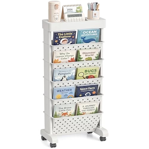 Image of BYFU Plastic 6-Tiered Shelf Rolling Bookshelf, Multi-Functional Storage Rolling File Cart with Lockable Casters for Office Tabletop, Floor Standing Kitchen Classroom Organization and Storage, White