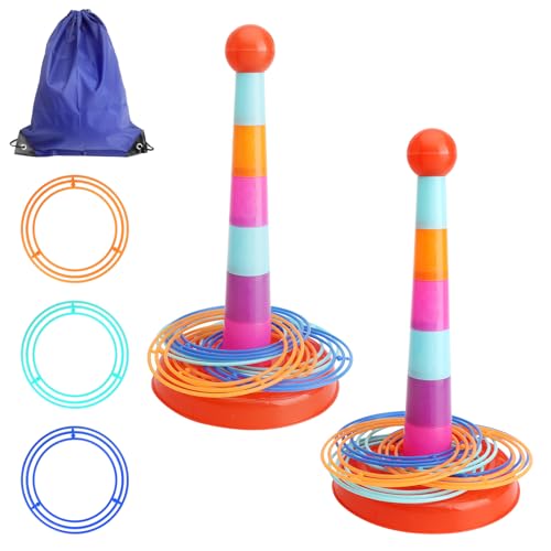 DAWRIS Juego de Lanzamiento de Aros 2 Unidades, 36 Aros de Colores y Bolsa de Viaje Juegos Exterior Niños Jardín Ideal para Jardín, Fiestas, Juegos al Aire Libre, Ideal para Interiores y Exteriores