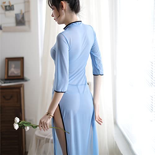 [Tosenk] チャイナ コスプレ ワンピース ベビードールチャイナドレス セクシー チャイナ服 中華風 誘惑 シースルー cosplay 衣装 女装 仮装 下着 透け透け チャイナ服 青 フリーサイズ - 画像3