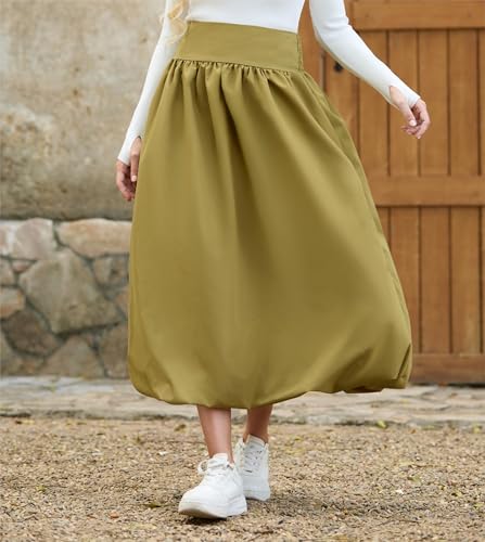 Women's Bubble Long Skirt Elastic Waist A-Line Pleated Ruffle Flowy Balloon Maxi Skirts with Pockets