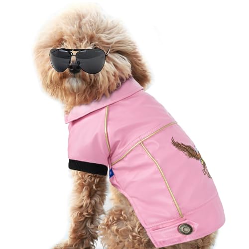 NIULA Chaqueta de cuero para perro, lindas chaquetas de cuero para perros, ropa de motocicleta con botones, abrigo de invierno impermeable para perros pequeños y medianos (rosa, L)