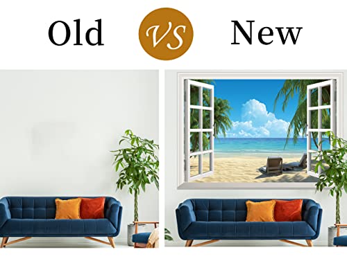FLFK Fake Window Wall Sticker - Summer Beach Faux Window Wall Mural for Wall Decor, Stick and Peel Wall Decals,16"x24"