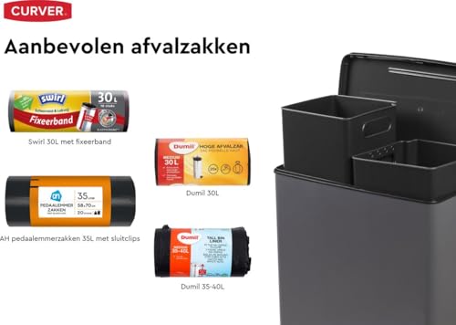 Curver Decobin Duo Tretmülleimer, 52L Gesamtvolumen, Grau – mit Mülltrennung und 2 herausnehmbaren 26L Eimern – Bild 3