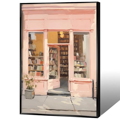 Classic Pink Library Canvas Wall Art Watercolor Pink Book Store