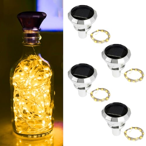 4Pcs Solar Wine Bottle Lights for Outdoor Garden Waterproof Mini Led Bottles Fairy Light Rechargeable Diamond Cork Solar Powered Lamp Kit with 2M 20 Led Copper Wire String Lights (Warm Color)