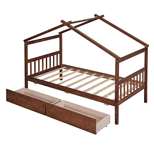 Nckmyb Twin House Bed Platform Bed With Drawers Wooden Montessori Bed Kid Bed Frame With Headboard And Foofboard, For Kid Children Boy Girl, Walnut #TOP4