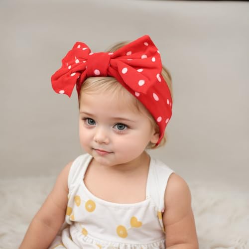 Stretchy Baby Girls Nylon Bows Headbands Polka Dot Turban Hair Bows Knots Tied Elastic Soft Hair Band for Newborn Infant Toddlers Kids (Red with White Polka Dots A, Standard)2