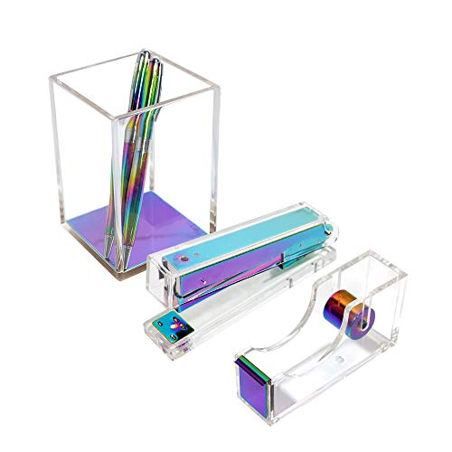 Multibey Clear Rainbow Acrylic Office Supplies Organization Set Stapler, 24/6 Staples, Pen Pencil Holder Cup, Tape Dispenser for Desk Accessories Organizer (Purple)