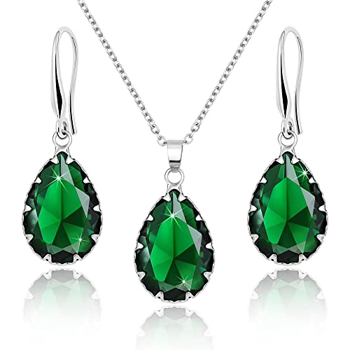 Linawe Conjunto de joyas verdes para mujer, pendientes de plata, pendientes colgantes para mujer, collar de cadena con colgante de esmeralda, joyería de moda de plata, joyería de moda