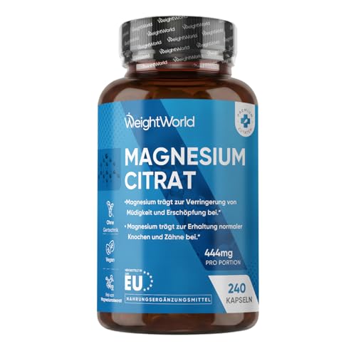 Magnesiumcitrat Kapseln gepuffert - 444mg Elementares Magnesium pro Portion - 240 Kapseln - 4 Monate Vorrat - Magnesium trägt zur Verringerung von Müdigkeit & Erschöpfung bei (EFSA) - WeightWorld
