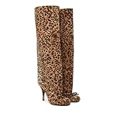 XBKXMK Women's Bow Knee High Boots for Women Round Toe Stiletto Heel Tall Boots Fashion Slip on Wide Calf Long Booties Leopard