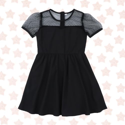 Black Girl Dress Formal Contrast Mesh Short Sleeve Polka Dots A Line Casual Party Dress 6-11Y2