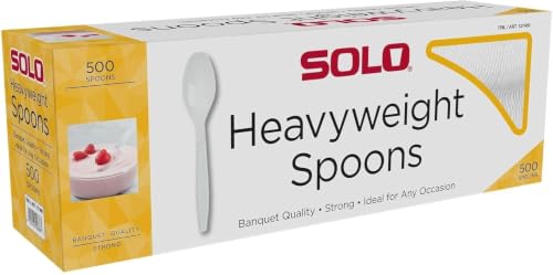 SOLO Heavyweight Plastic White Spoons 500/Case Full Size Textured Handle With Nature Products Cotton Cloth Napkin/Towel