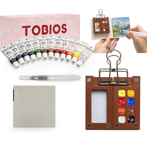 Tobios Mini Watercolour Kit Including a Waterbrush a 116-Page Sketchbook and a Storage Case12 Vibrant Highly Pigmented Colors with High Transparency for Easy Layering; a Portable Art Set (276g)