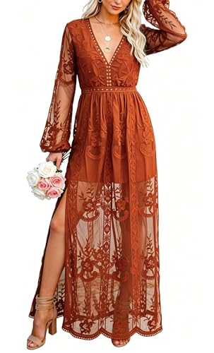 Image of LRISES Womens V Neck Floral Embroidered Lace Wedding Maxi Dress Boho Short Sleeve Slit Bridesmaid Evening Party Dresses