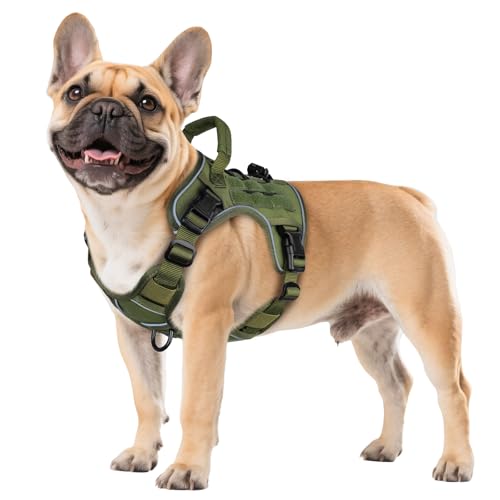 WINGOIN Green Tactical Dog Harness for Small Dogs, Heavy Duty No Pull Harness with Handle, Adjustable Reflective Military K9 Pet Vest for French Bulldog, Pug, Walking, Training, Hunting (S)
