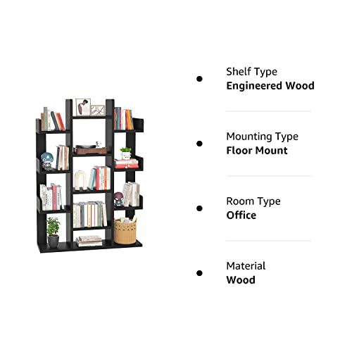 Aheaplus Bookshelf, Tree-Shaped Bookcase Storage Shelf With 13 Compartments, Books Organizer Display Cube Shelves, Industrial Free Floor Standing Wood Open Bookshelves, Black #TOP7
