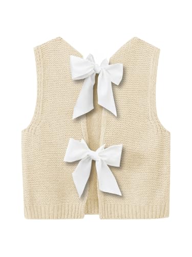 Imily Bela Womens Sweater Vest Top Summer Bow Tie Back Sleeveless Casual Knit Crop Tank Tops Apricot