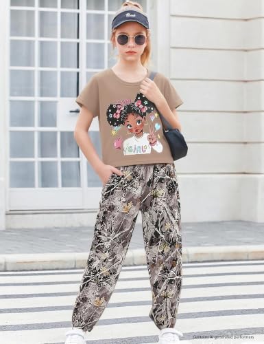 Image of mksodop Girls Outfit Set Graphic T Shirt and Camo Jogger Pants Cute Casual Clothes for Girls 5-16 Years