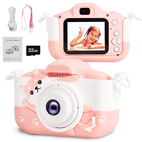 OMOTIYA Kids Camera, 1080P HD Digital Video Camcorder Camera/Upgrade Selfie Camera with Dog Soft Silicone Cover, for Boys/Girls Age 3-12, Birthday Gifts with 32GB TF Card