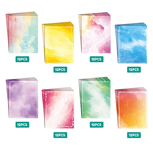 Anzon Mories Watercolor Stationery Paper Set 96 Pieces (Lined) Double Sides Colored 21Lb/100Gsm Heavy Weight Writing Stationary Paper 8.5” X 11” Us Letter Size, 8 Colors Original Design College Ruled #TOP6