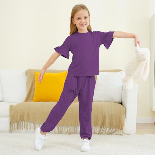 Image of Kids Girls Outfits Ruffle Sleeve T-Shirt Pants Set 2Piece 4-13 Years