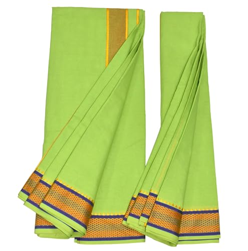 Image of TUNI MANI Men's Panchakacham Dhoti with Angavasthram with Zari Border, Cotton, Size: 9 X 5 (4.0mtr Dhoti, 2.25mtr Towel)