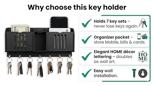 Image of Wall Mount Key Holder & Mail Organizer | Laser-Cut Key Hanger with 7 Metal Hooks, Letter Rack & Pen Stand | Wooden Wall Decor for Entryway, Living Room, Home & Office (Vertical Slat)