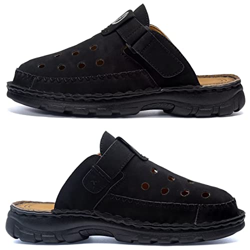 Buguki Clogs Mens Mules Summer Leather Sandals Closed Toe Outdoor Beach Garden Clogs Shoes For Male Black 44 #TOP2