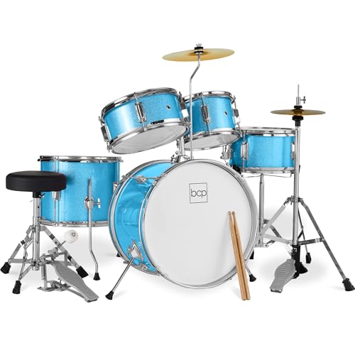 Best Choice Products Kids 5-Piece Beginner Drum Set Junior Kit, Starter Percussion w/Cymbals, Pedal, Toms, Snare, Drumsticks, Stool - Blue Sparkle