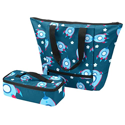 Grand sac fourre-tout bleu sidéral isolant avec boîte à déjeuner école
