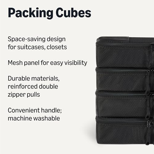 Image of Amazon Essentials 4-Piece Packing Cubes Travel Accessories Set, Luggage Organizer with Double Zipper, Mesh Top, Space-Saving, Slim, Black (Previously Amazon Basics)