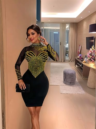 Image of Figdaw Sparkling Rhinestone Bodycon Dress for Women Special Occasions,Night Out