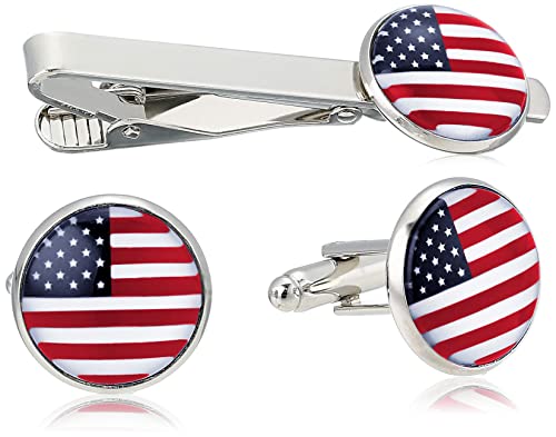 American Flag Usa Tie Bar Clip And Cufflinks Set - Silver Colored Metal Plated - Luxury Clothing Accessories (Red White Blue) #TOP28