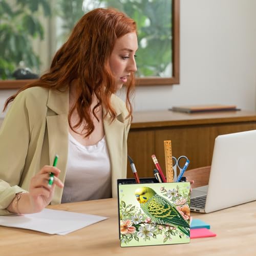 Image of DIY 5D Acrylic Diamond Painting Pen Holder - Vibrant Green Parrot Pencil Cup for Nature & Bird Decor, Perfect for Back to School Season, DIY Pencil Holder Crafts