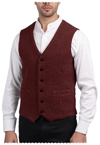 Men's V-Neck Herringbone Suit Vest Single Breasted Casual Tweed Blended Waistcoat