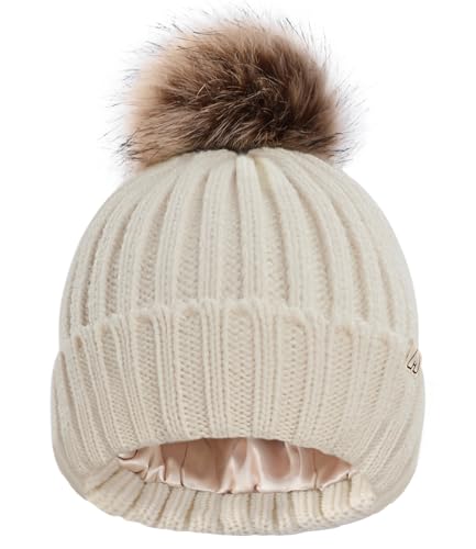 Image of Hat Hut Toddler Beanie Satin Lined Beanie for Baby Winter Hats for Kids Pom Pom Beanie for Boys Girls
